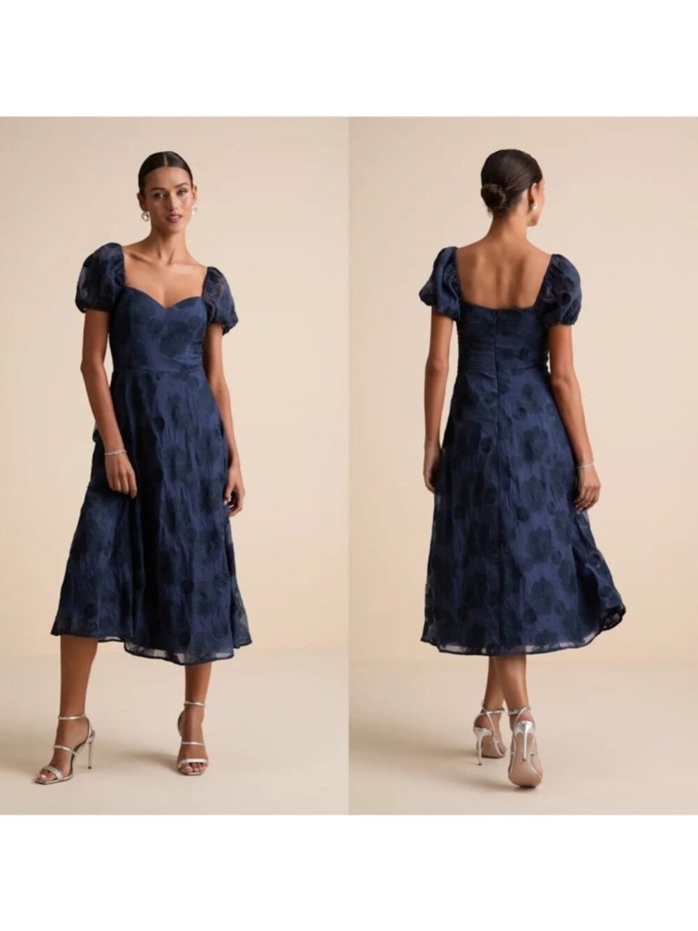 Lulus Sweetest Behavior Navy Embroidered Puff Sleeve Midi Dress Wedding Party M